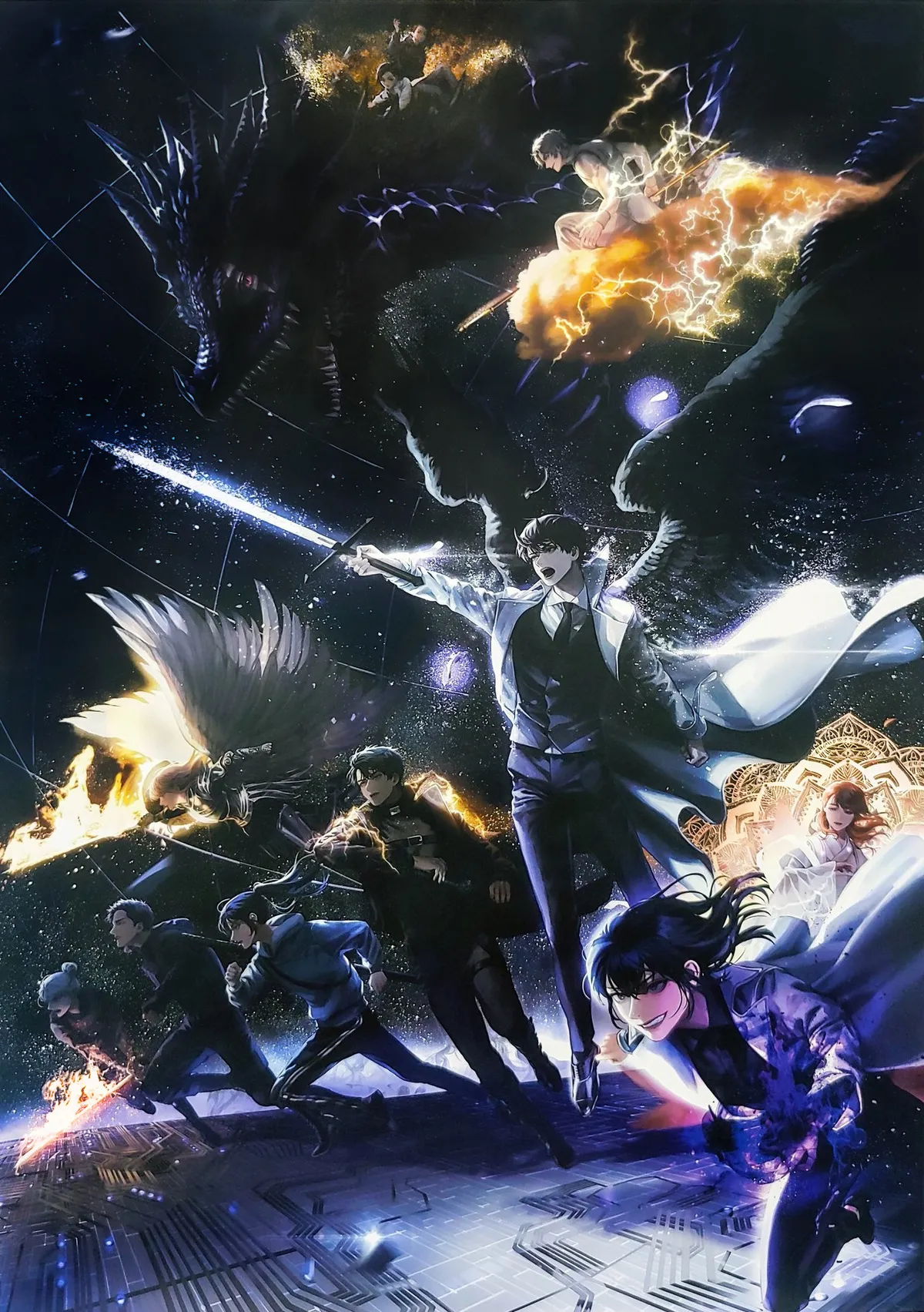 the image shows Kim Dokja, surrounded by his companions and facing massive cosmic threats.